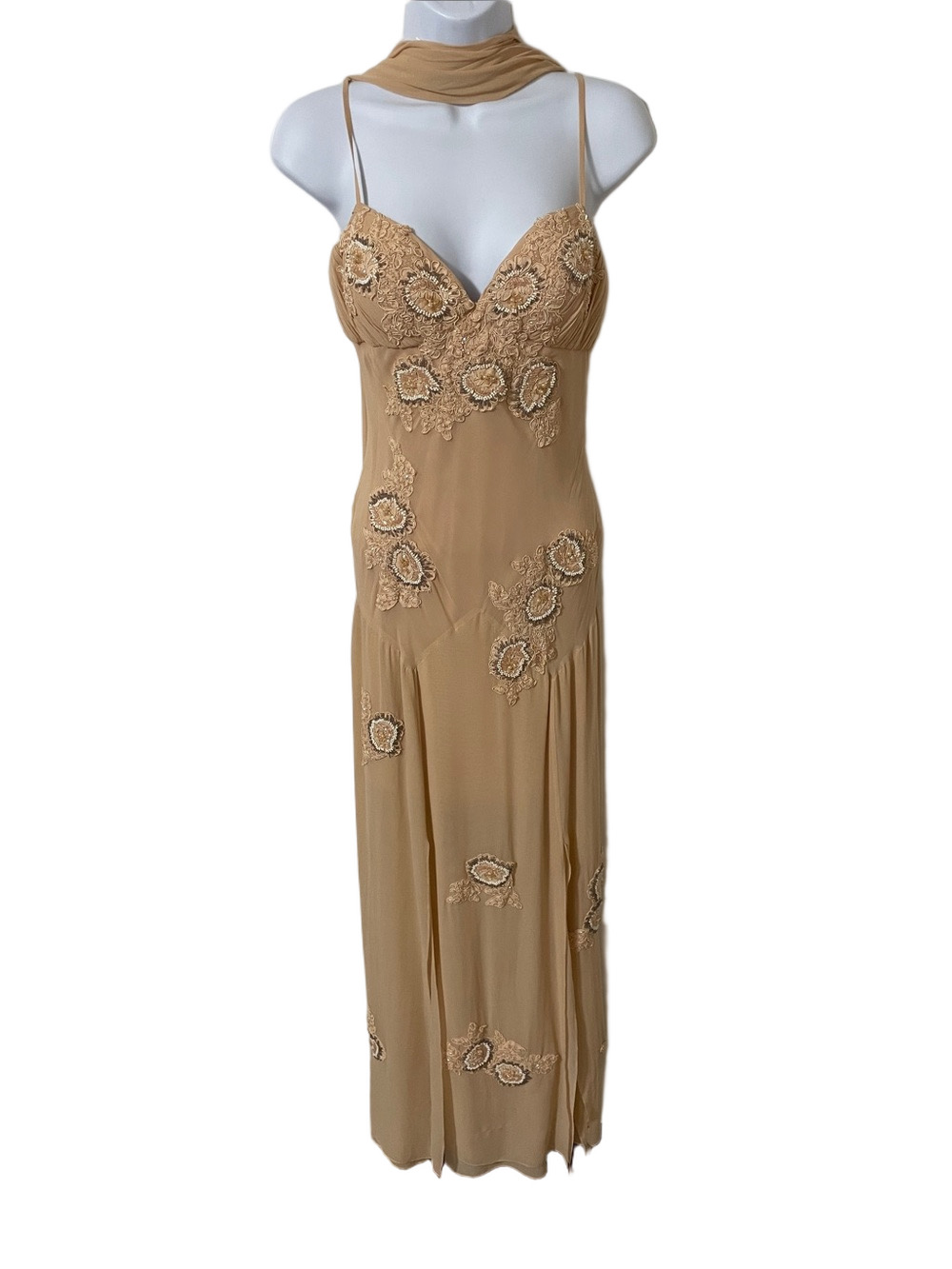 Nwt’s Sue Wong Silk Peach Sequin  & Embroidered Maxi Dress with Wrap Size 4